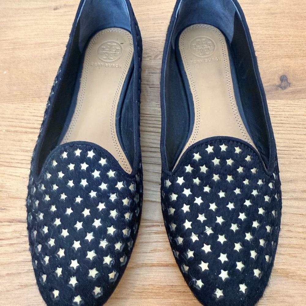 Tory Burch Star Pattern Black and Gold Loafers, size 7